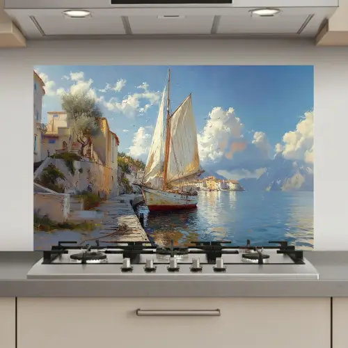Zeilschip - Huizen - Kade - Zee keuken achterwand spatscherm klein -3d_website