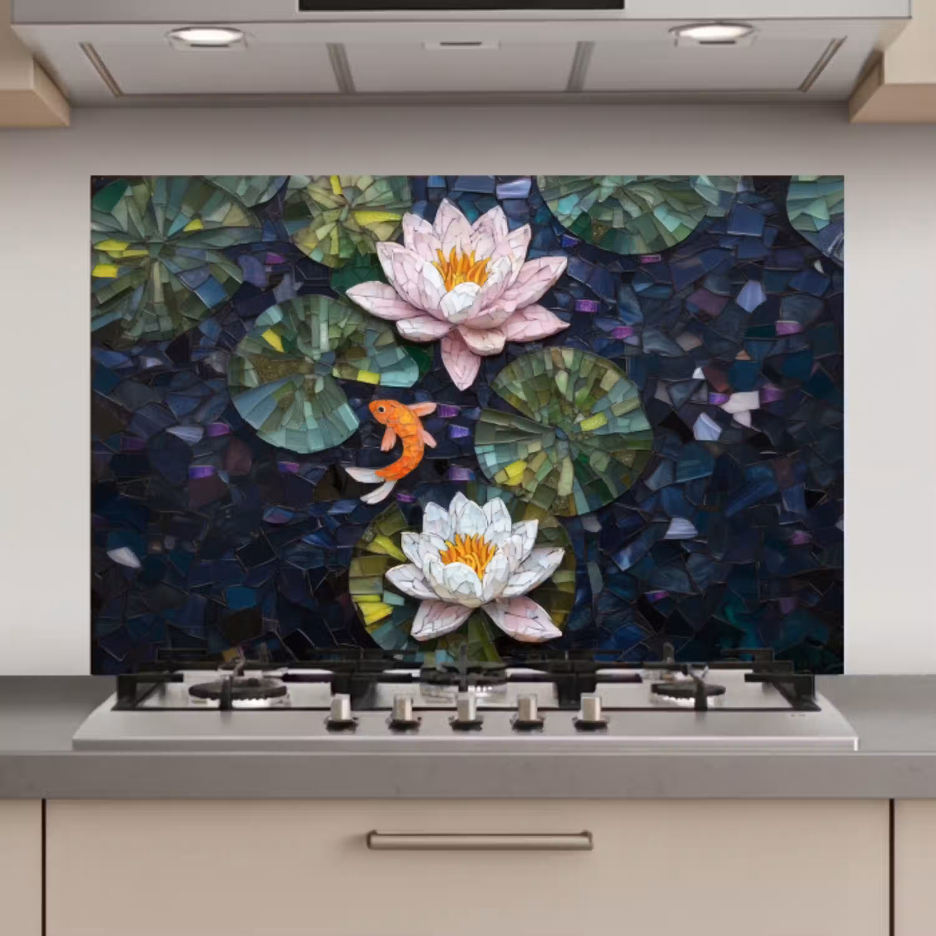 Glasstukjes - Leliebladeren - Vis - Oranje keuken achterwand spatscherm klein -3d_website
