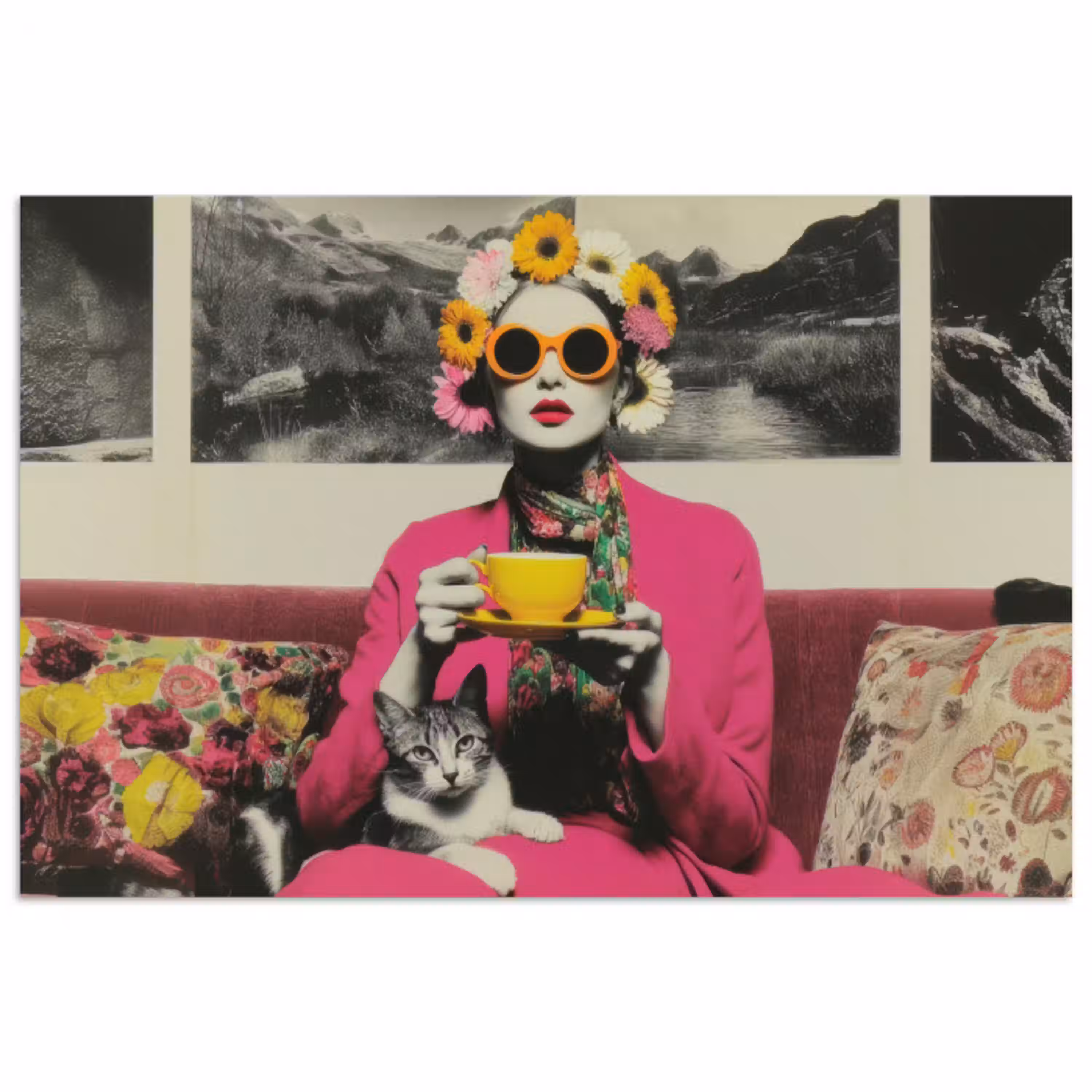 Vrouw - Kat - Bloemen - Kopje - Retro poster papier klein -3d