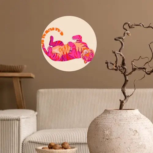 Tijger - Roze - Oranje Wandcirkel behangsticker klein -sfeer1