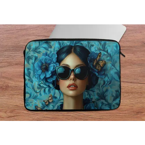 Vrouw - Bloemen - Vlinders - Blauw - Abstract laptophoes neopreen klein -tafel
