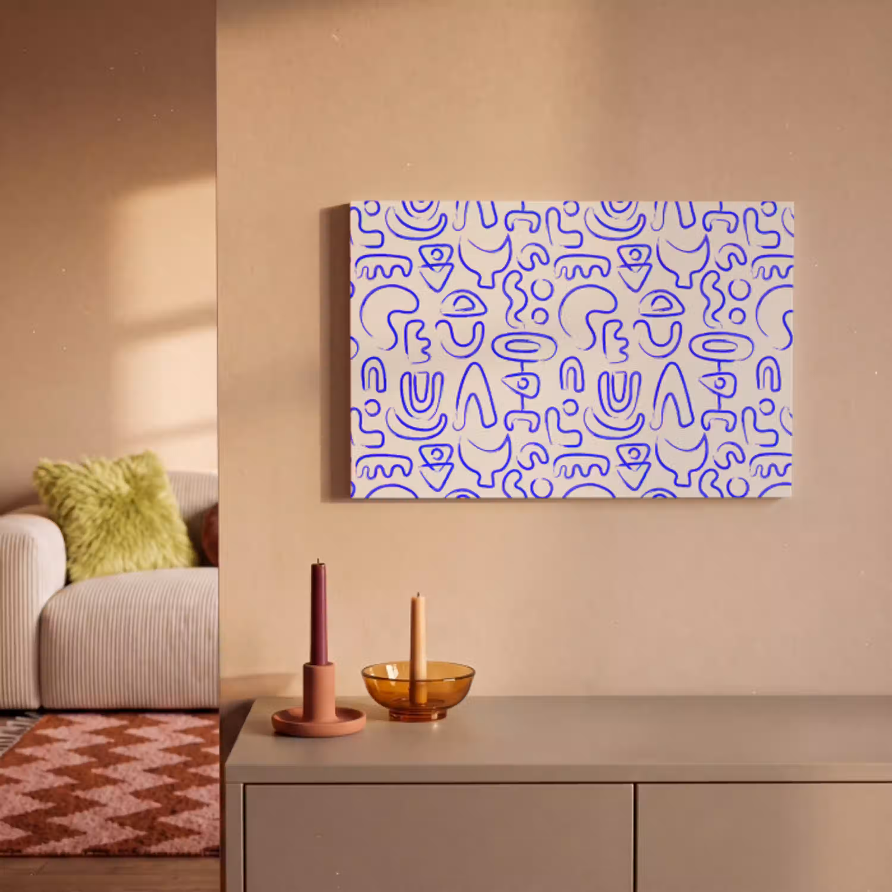 Blauw - Patroon - Abstract - Beige canvas 2cm klein 34 -sfeer1