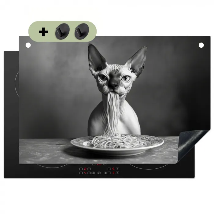 Sphynx - Kat - Dieren - Humor - Spaghetti - Zwart Wit Inductie beschemer met haakjes klein -3d