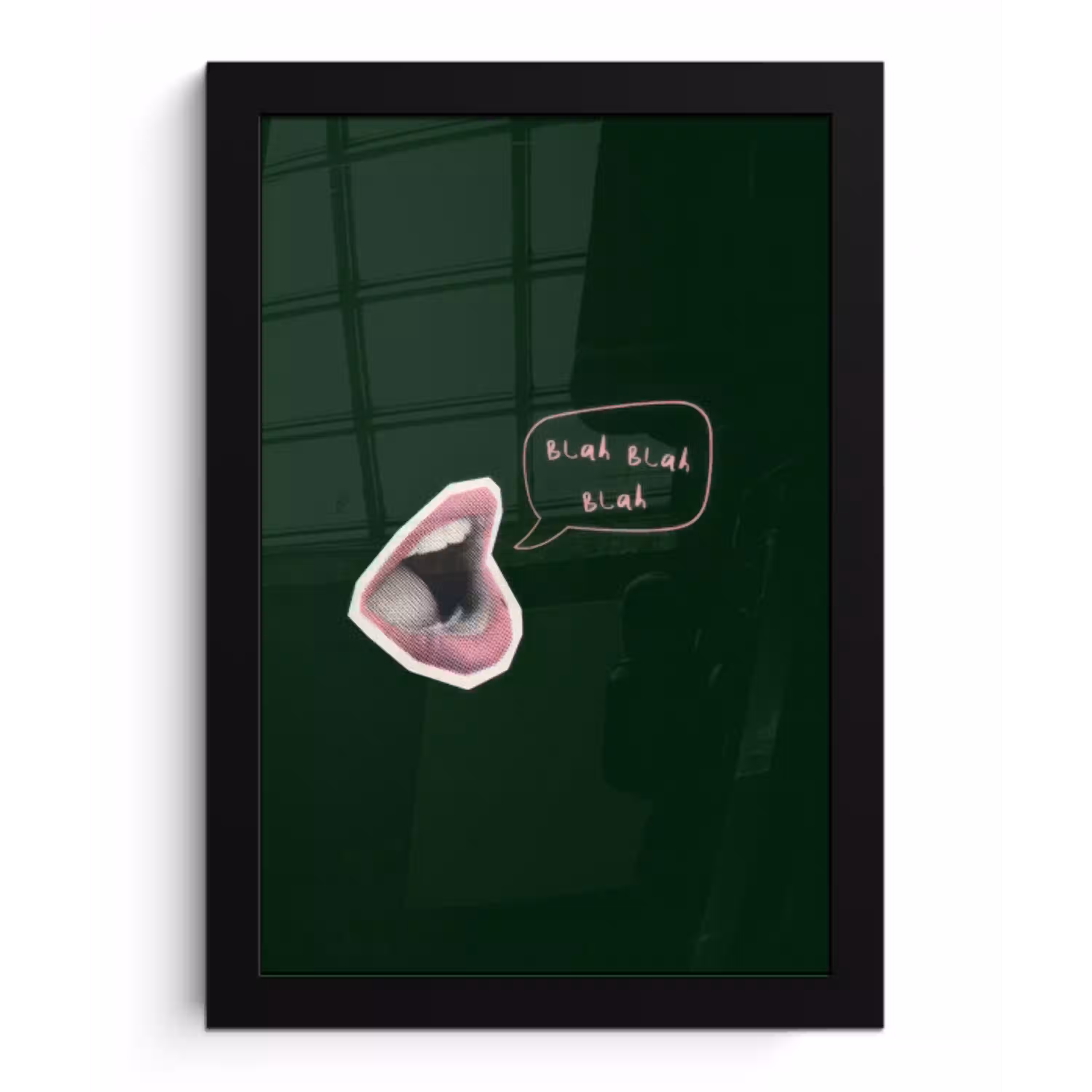 Illustratie - Mond - Donkergroen - Tekstwolkje fotolijst zwart zonder passe partout klein -3d
