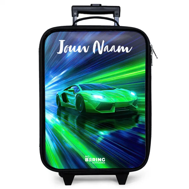 Kinderkoffer met naam - Sportauto - Groen - Snelheidslijnen - Neon