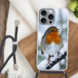 Roodborstje - Tak - Sneeuw - Winter - Levendig Hoesje iPhone 16 Pro Max met koord klein -sfeer4
