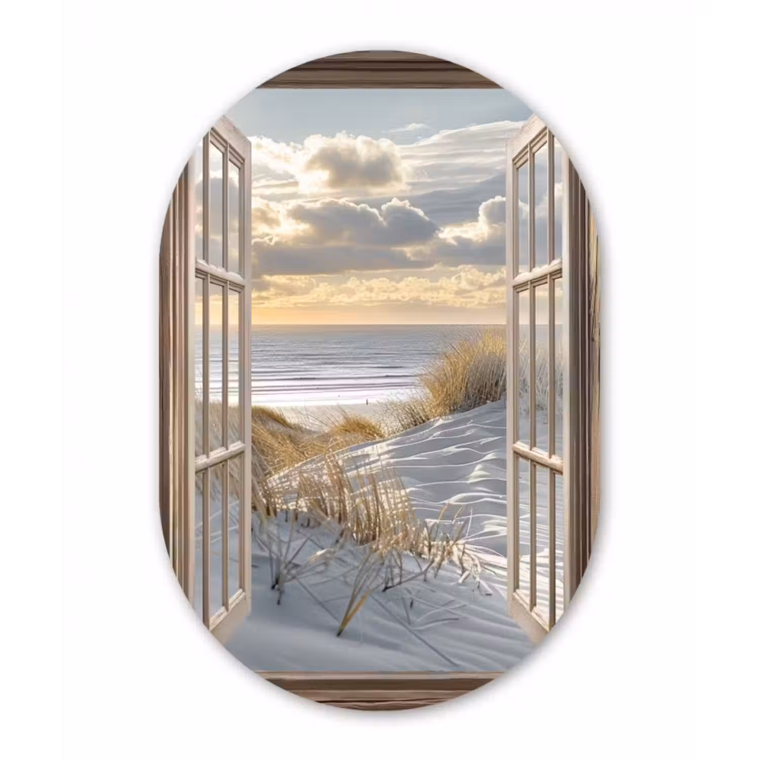 Glasbild Oval - Aussicht - Strand - Dünen - Meer - Natur