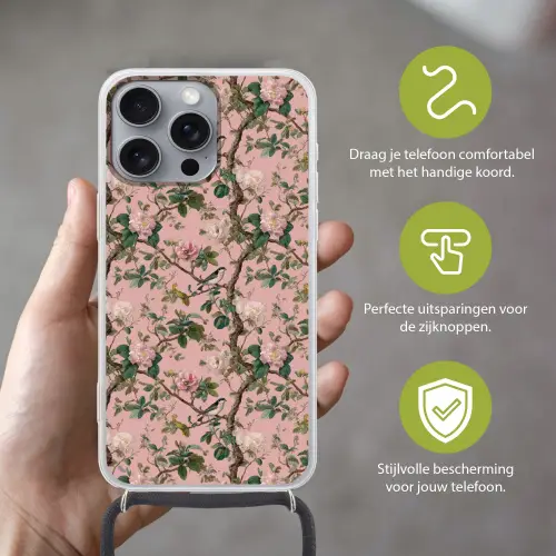 Pioenrozen - Botanisch - Vogel Hoesje iPhone 16 Pro Max met koord klein 804 -sfeer2_NL