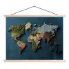 Wereldkaart - Geborduurd - Verschillende tinten textielposter latten blank klein -3d