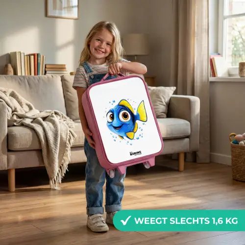 Blauwe vis met gele vinnen en vrolijke blik Kinderkoffer - Roze klein -sfeer2_NL