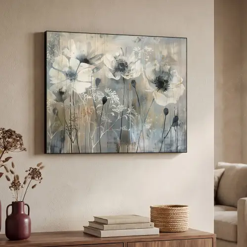 Bloemen - Planten - Grijs - Abstract Textielframe zwart klein -sfeer3