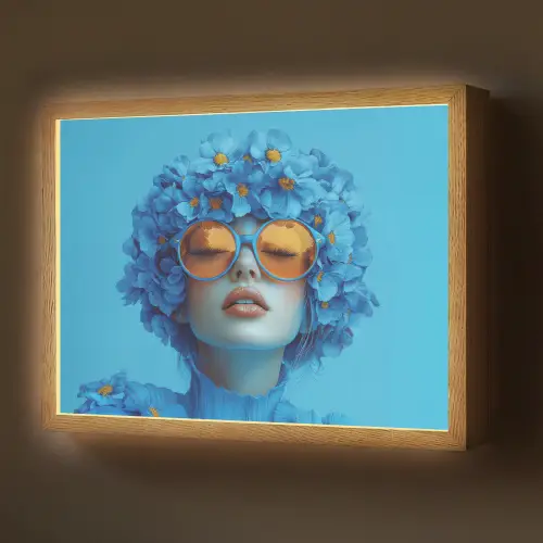 Vrouw - Bloem - Blauw - Modern - Bril - Portret Light Box met batterij (Wandlamp) middel -z3d_website