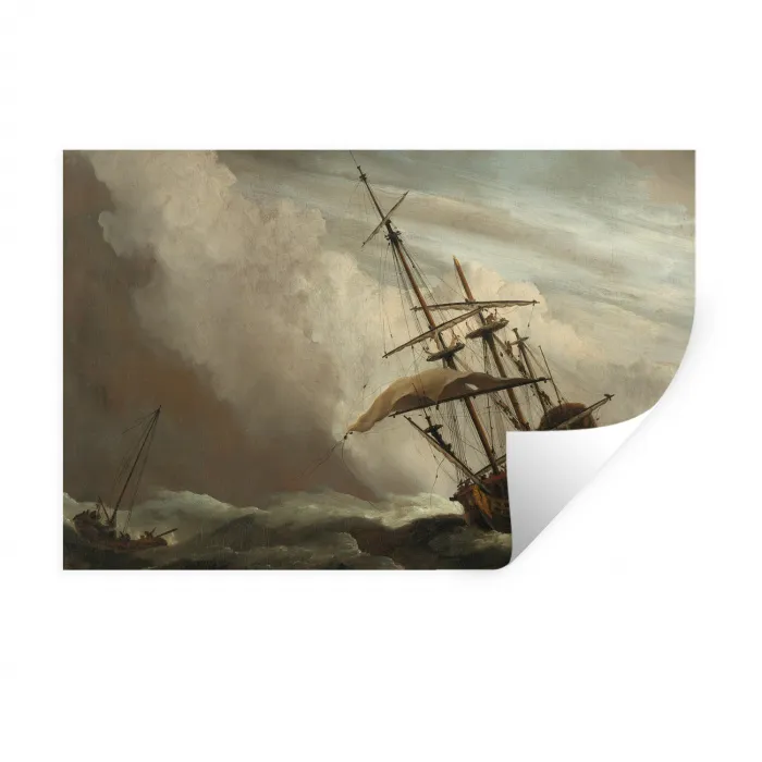 Een schip in volle zee bij vliegende storm - Schilderij van Willem van de Velde Muursticker klein -3d