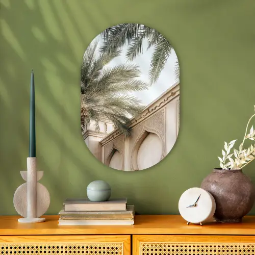 Gebouw - Palmbomen - Beige - Zon Wandcirkel Ovaal Forex klein -sfeer2