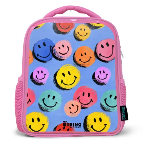 Een speels en kunstzinnig patroon van kleurrijke smileys Kinderrugzak - Roze middel -3d