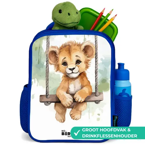 Leeuwenwelpje met schommel illustratie Kinderrugzak - Blauw middel -inhoud_NL