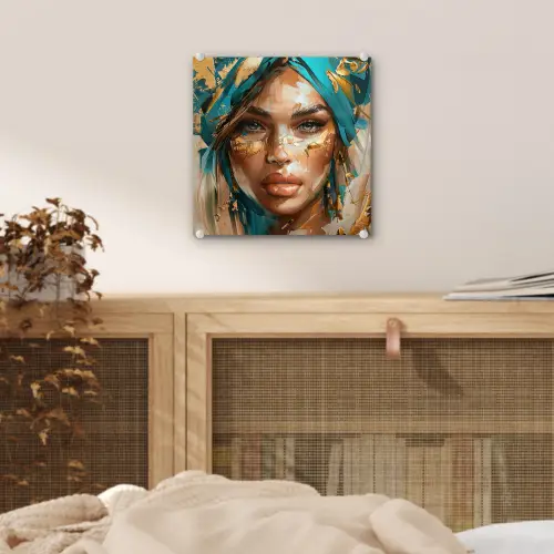 Vrouw - Portret - Goud - Luxe - Blauw plexiglas 5mm klein -sfeer4