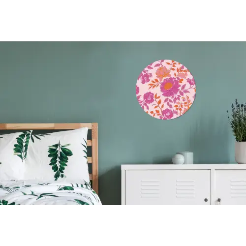 Bloemenpatroon - Roze - Oranje - Bloemen Wandcirkel aluminium klein -slaapkamer
