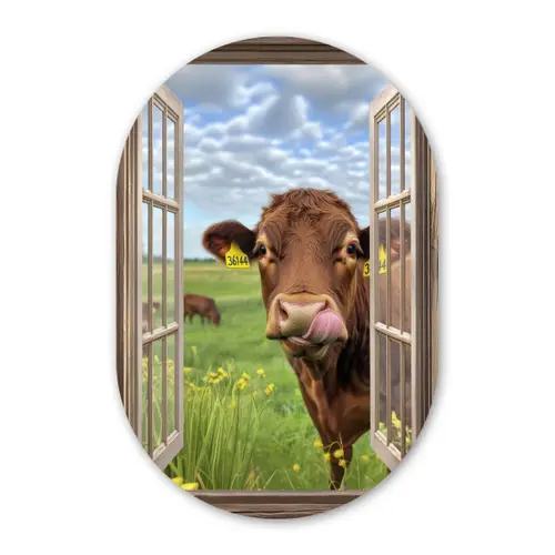 Doorkijk - Koe - Weiland - Landschap - Dieren Wandcirkel Ovaal Glas middel -3d