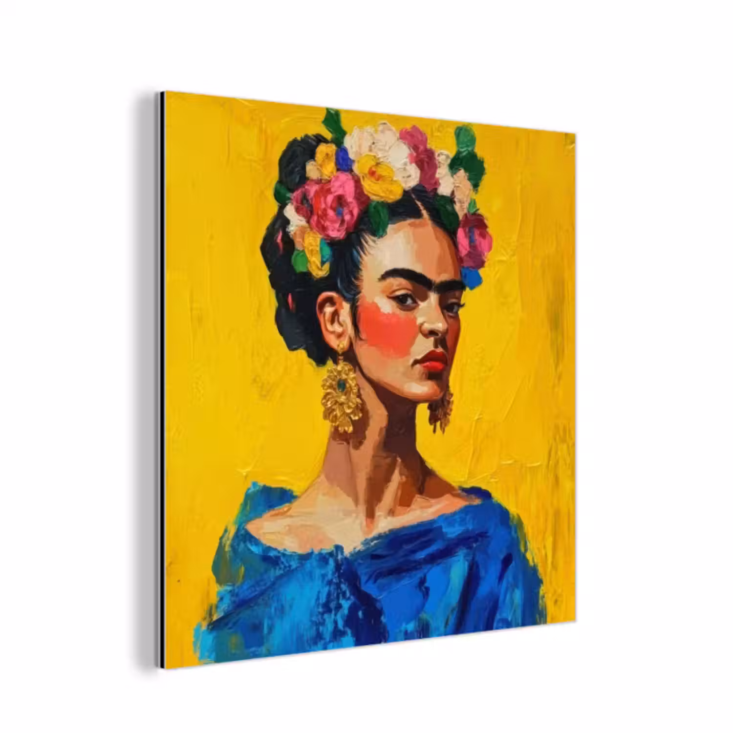 Aluminium schilderij - Frida Kahlo - Vrouw - Geel - Blauw - Bloemen