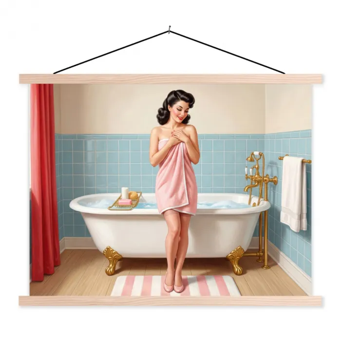 Badkamer - Vrouw - Roze textielposter latten blank klein -3d