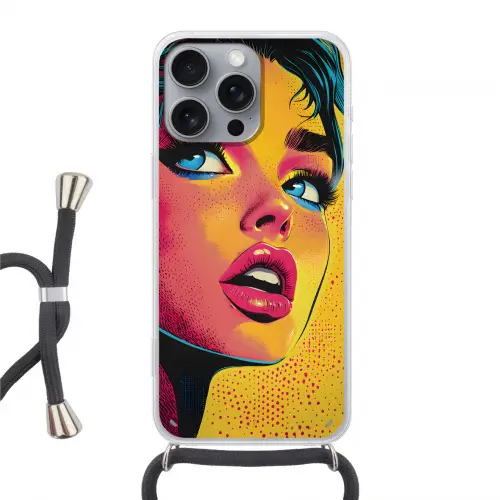 Close-up - Vrouwengezicht - Stippen - Geel Hoesje iPhone 16 Pro Max met koord klein -3d