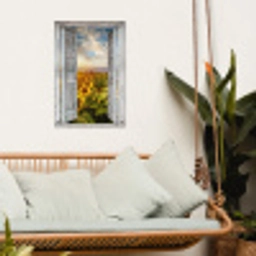 Oude deuren naar zonnebloemveld tuinposter los doek klein -sfeer7
