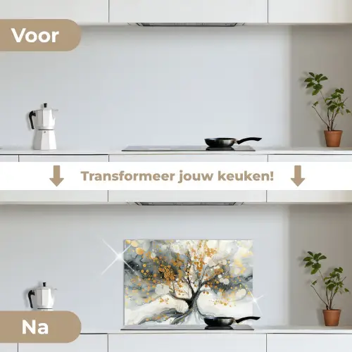 Boom - Modern - Abstract - Goud - Zwart - Wit keuken achterwand spatscherm klein -voor_na_NL