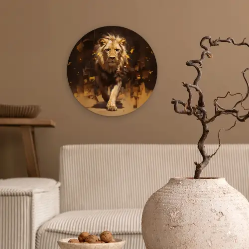 Leeuw - Geschilderd - Abstract - Goud Wandcirkel kunststof plaat 5mm dik klein -sfeer1