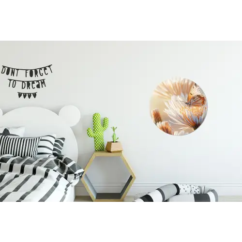 Vlinder - Bloem - Oranje Wandcirkel aluminium klein -kinderkamer