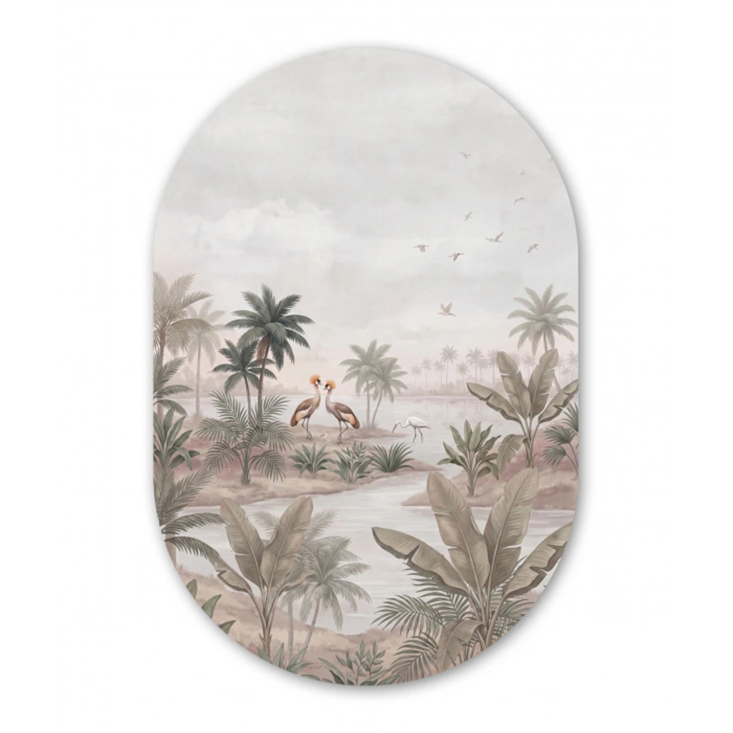 Kraanvogels - Palmbomen - Tropisch Wandcirkel Ovaal Forex klein -3d