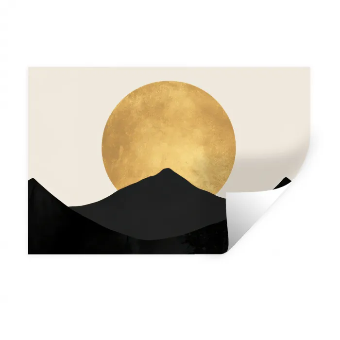 Bergsilhouetten - Gouden cirkel - Beige Muursticker klein -3d
