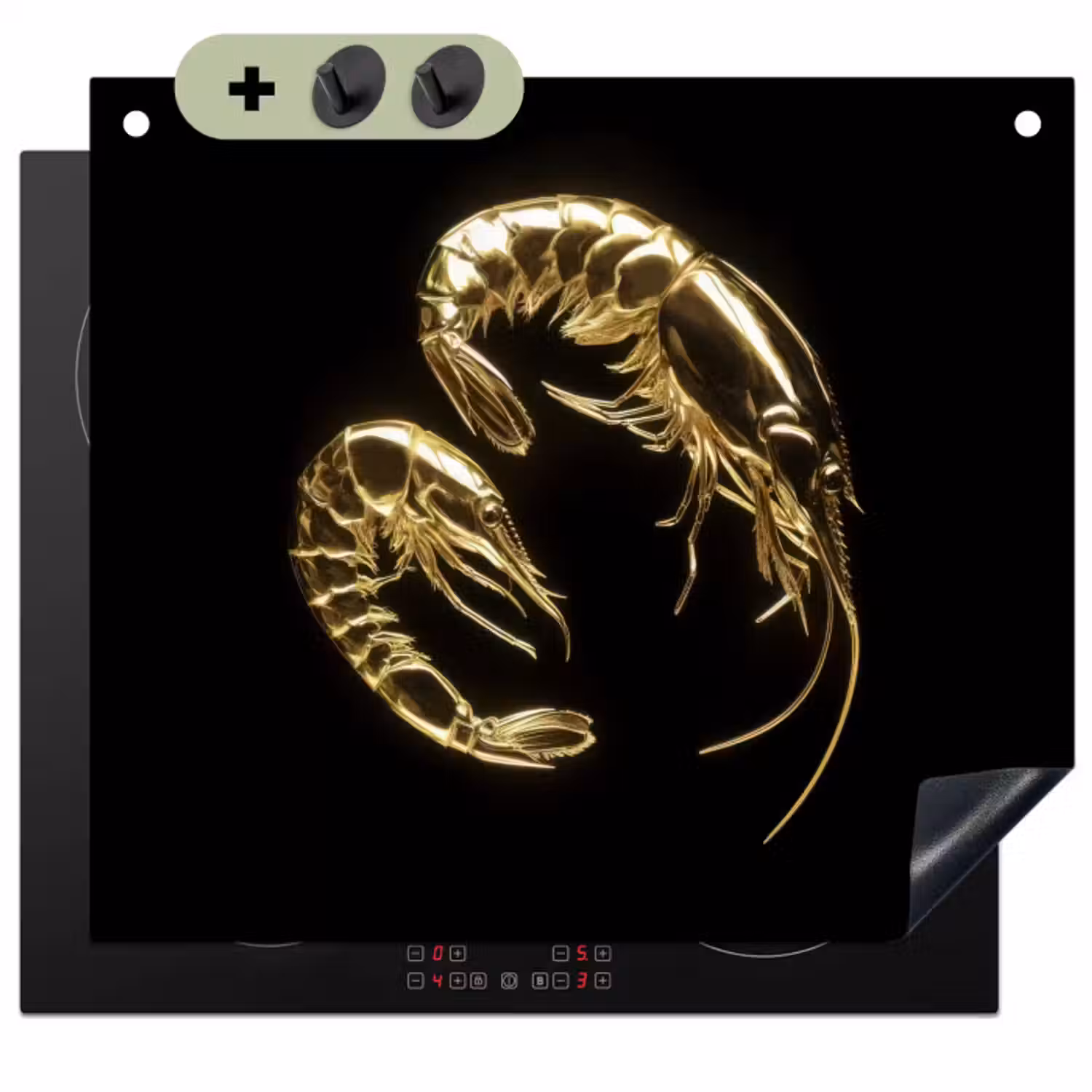 Inductie beschermer en spatscherm (2in1) - Garnalen - Zwart - Goud - Dieren