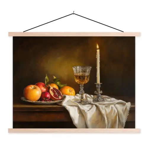 Fruit -  Stilleven - Wijn - Kaars textielposter latten blank klein -3d