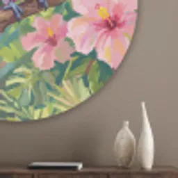 Papagaai - Hibiscusbloemen - Kleurrijk Akoestische PET Vilt - Rond klein -sfeer5_closeup