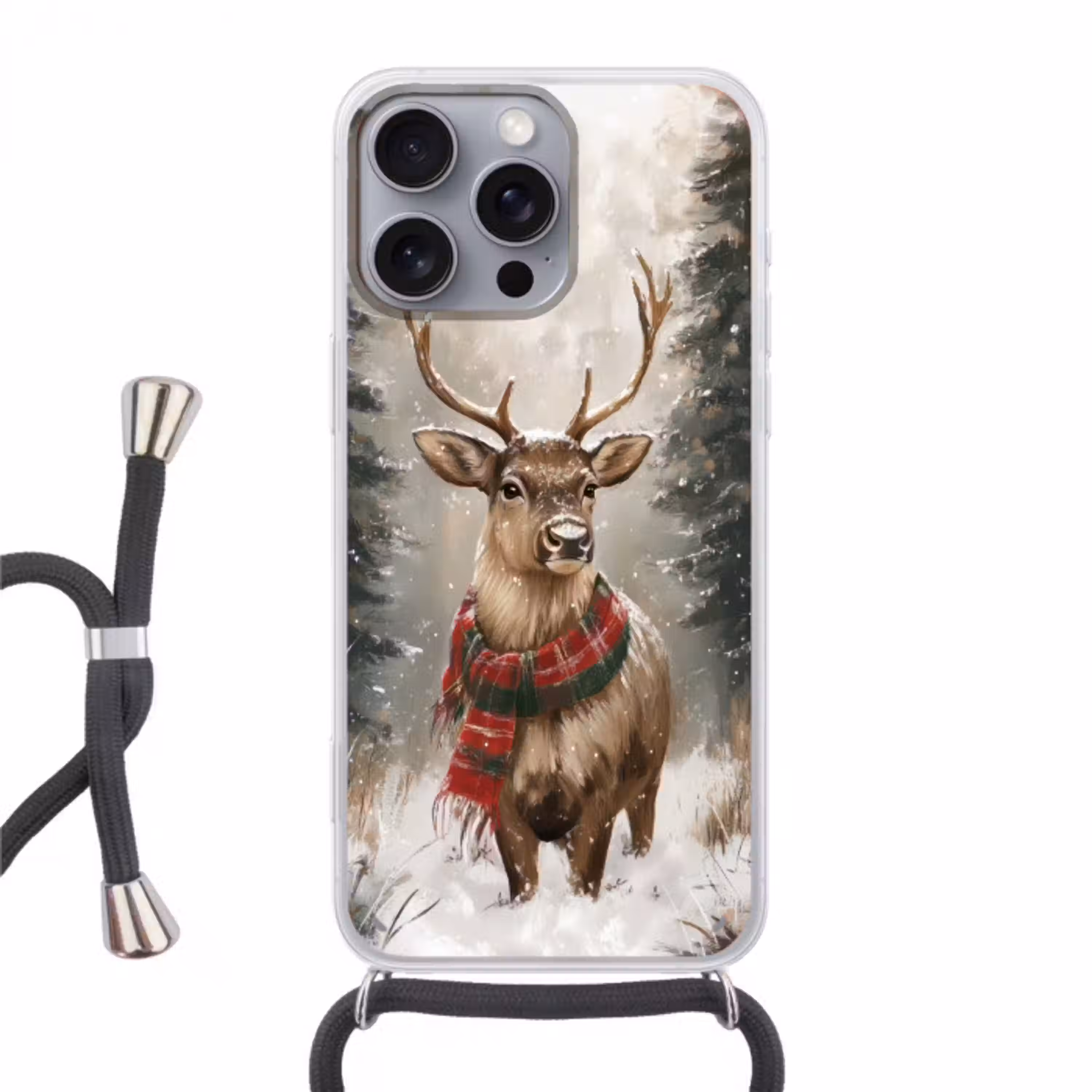 Winter - Bos - Rendier - Donker Hoesje iPhone 16 Pro Max met koord klein -3d