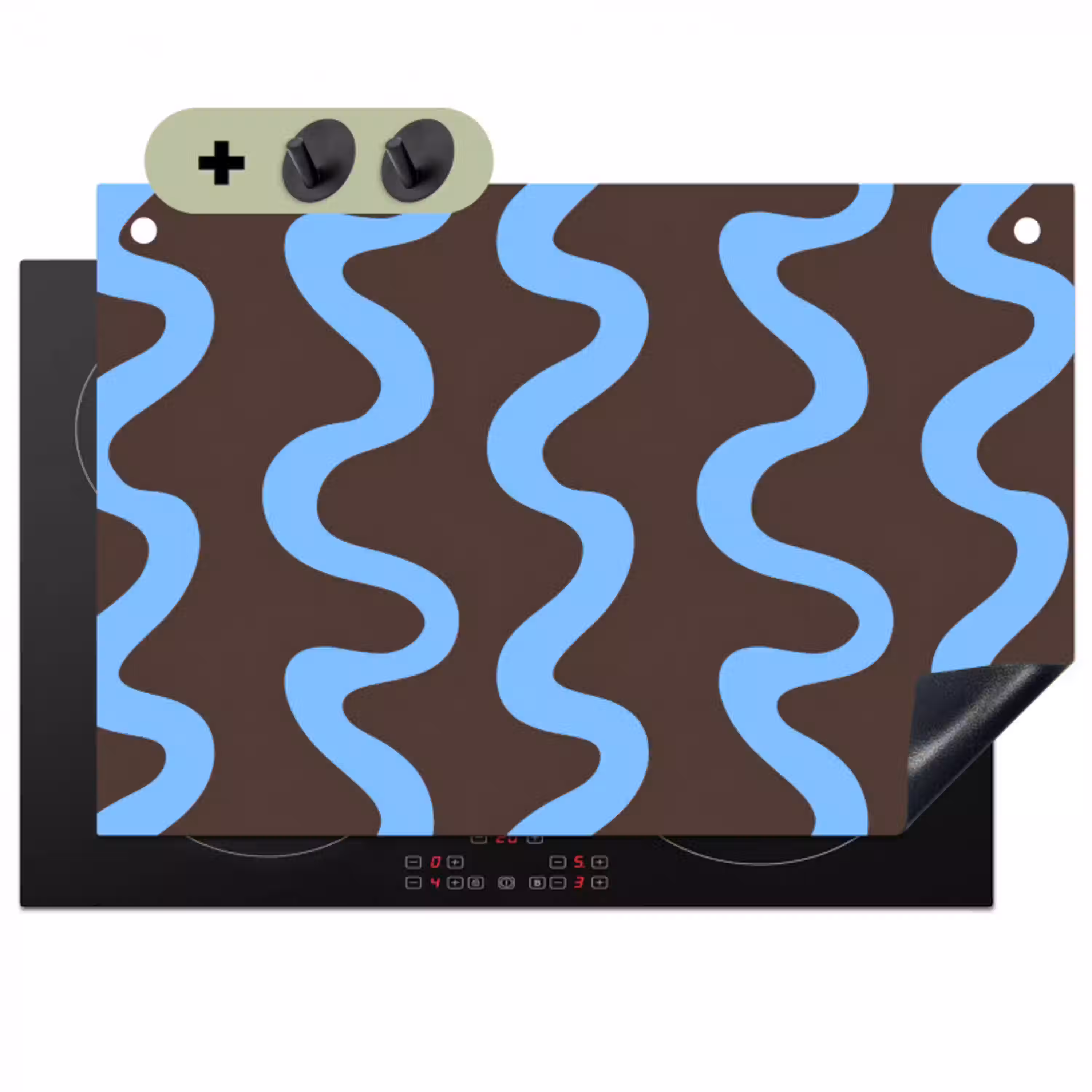 Kronkelende lijnen - Blauw - Bruin - Minimalistisch Inductie beschemer met haakjes klein 777 -3d