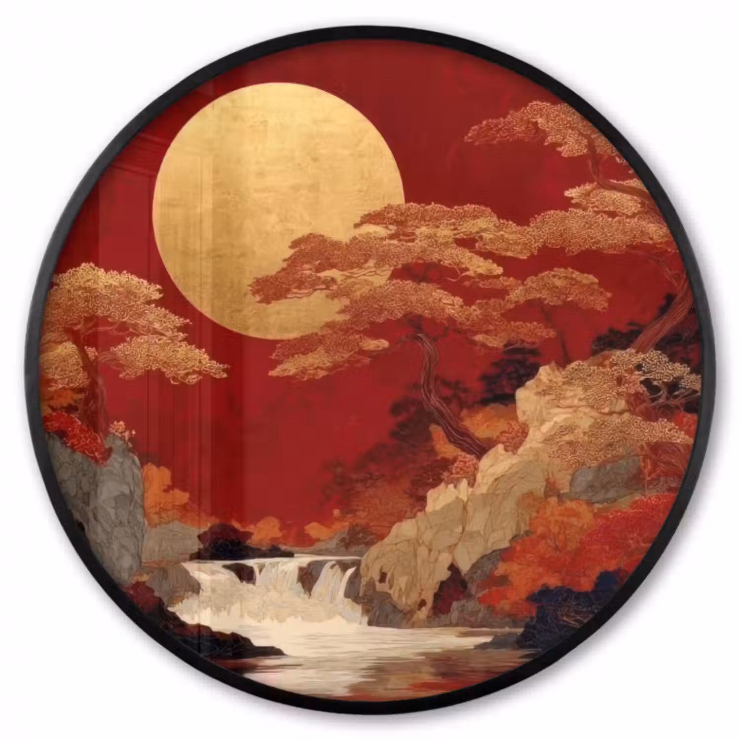 Poster im Rahmen Rund - Vollmond - Landschaft - Wasserfall