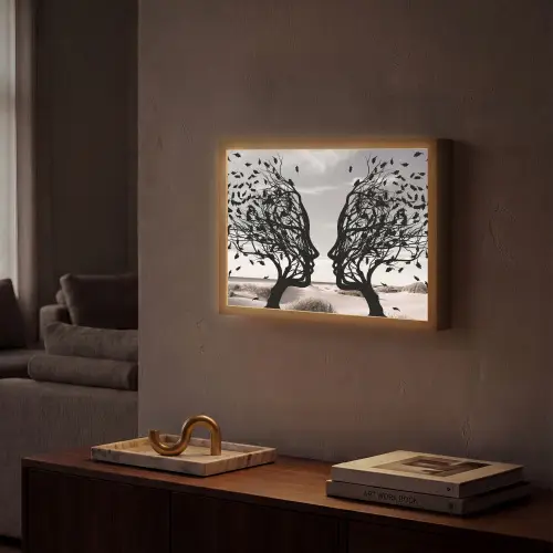 Bomen - Gezicht - Bladeren - Moderne kunst Light Box met batterij (Wandlamp) middel -sfeer1