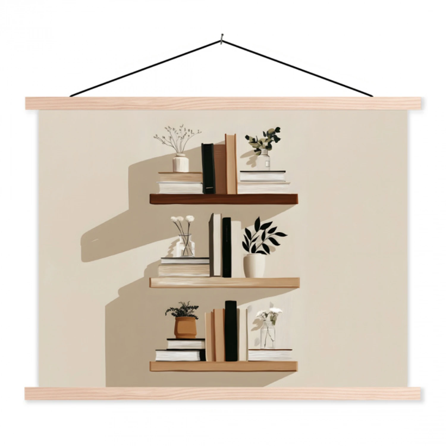 Plankjes - Boeken - Vaasjes - Planten textielposter latten blank klein -3d