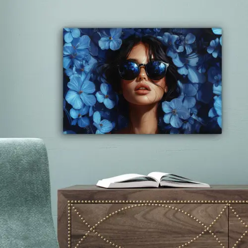 Vrouw - Blauw - Bloemen - Vlinders - Natuur canvas 2cm klein -sfeer4