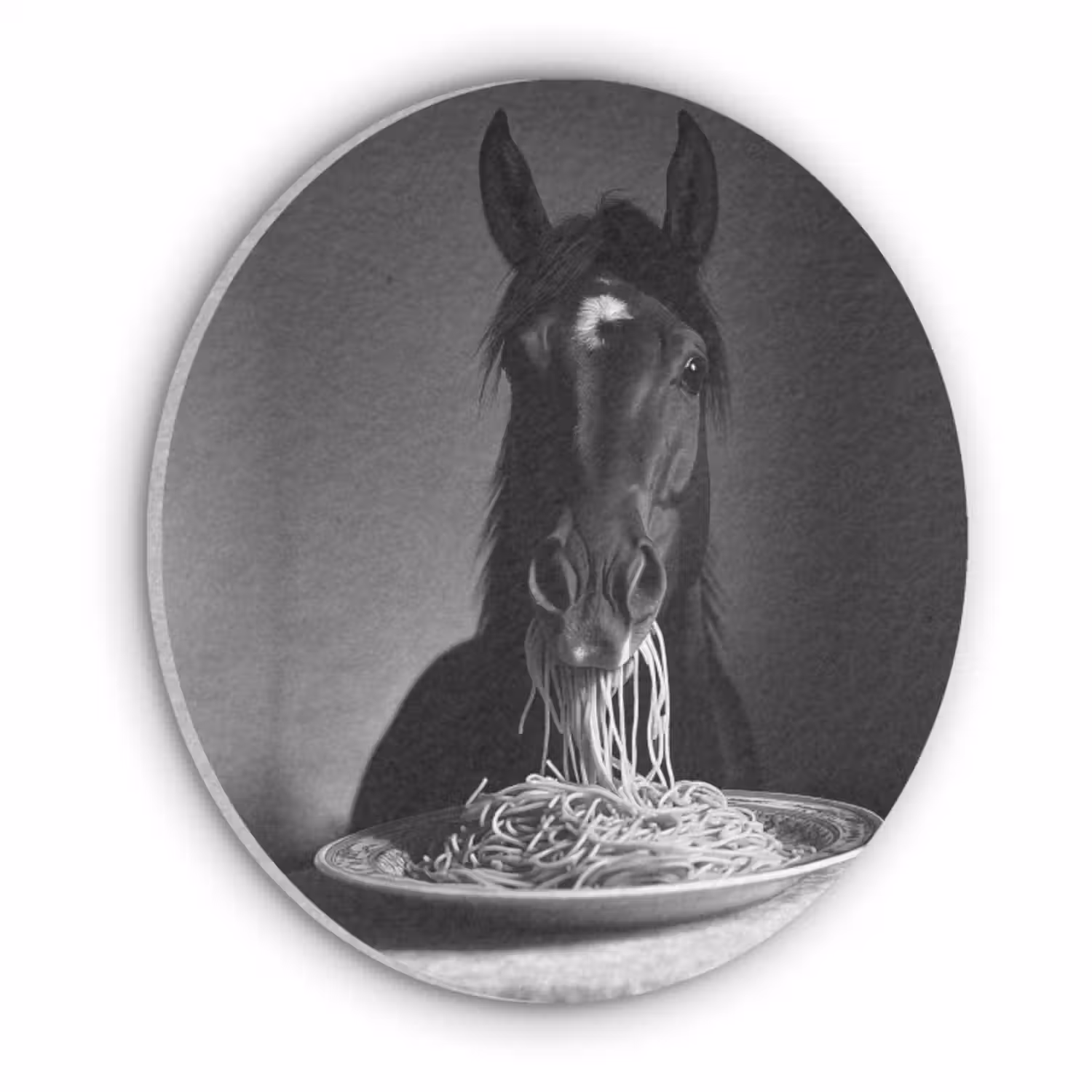 Akoestisch schilderij rond - Paard - Bord - Pasta - Tafelkleed - Zwart Wit - Dieren