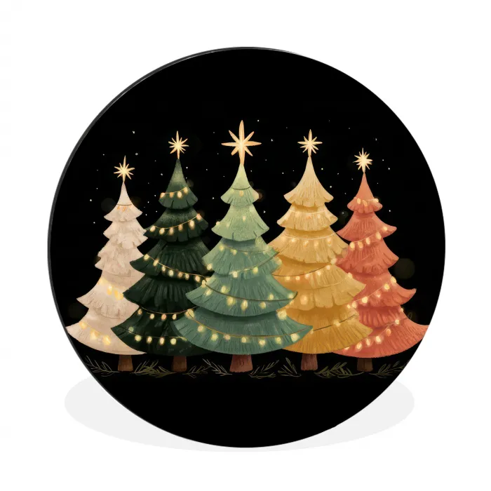 Kerstbomen - Kleurrijk - Lichtjes - Ster Wandcirkel aluminium klein -3d