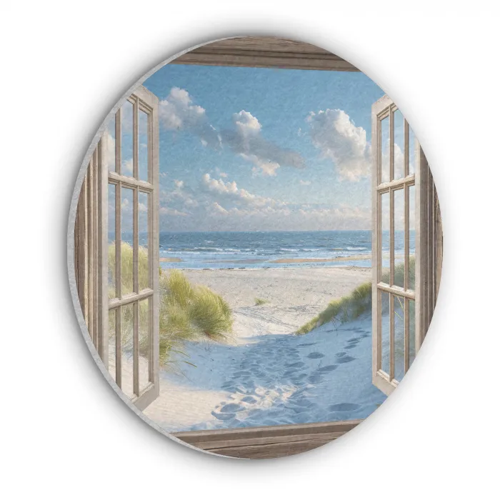 Doorkijk - Strand - Raam - Duinen - Zee Akoestische PET Vilt - Rond klein -3d