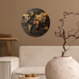 Wereldkaart -  Hout - Mozaïek Wandcirkel behangsticker klein -sfeer1