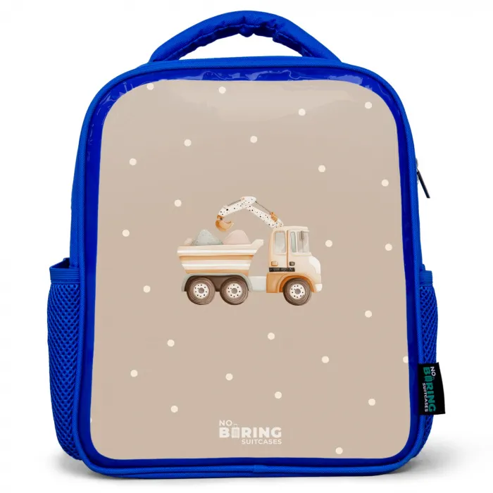 Gele kiepwagen met stenen en stippenpatroon Kinderrugzak - Blauw middel -3d