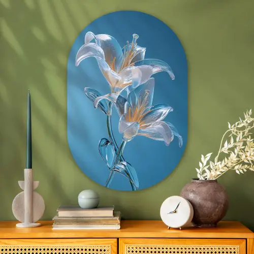 Lelies - Blauw - Glazen Wandcirkel Ovaal Glas middel -sfeer2