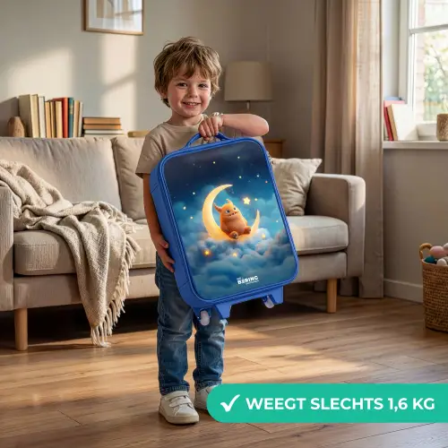 Oranje monster op maansikkel Kinderkoffer - Blauw klein -sfeer2_NL