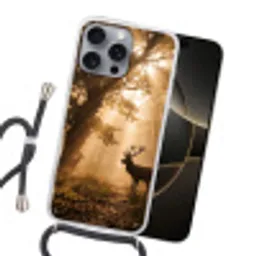 Hert - Bos - Mistig - Natuur - Goud Hoesje iPhone 16 Pro Max met koord klein -sfeer1