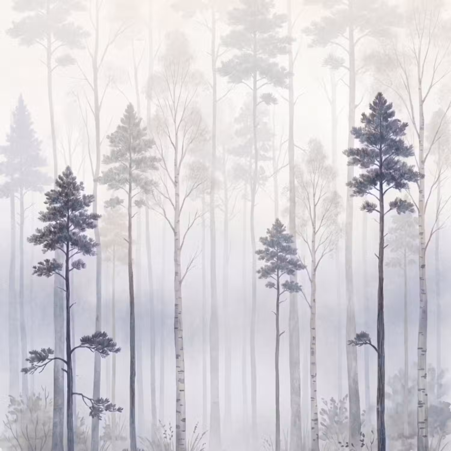 Behang - Bos - Bomen - Mist - Natuur - Illustratie - Grijs